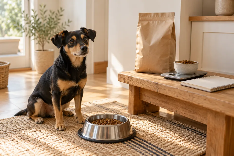 AI-generated editorial scene: A black-and-tan dog beside a bowl, with a food bag, scale and notebook on a bench. Not a tested product or patient case.