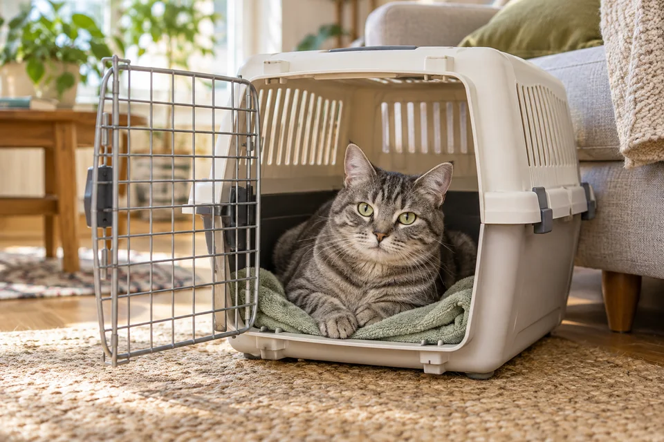 AI-generated editorial scene: A gray tabby resting inside an open carrier with a familiar towel in a living room. Not a tested product or patient case.