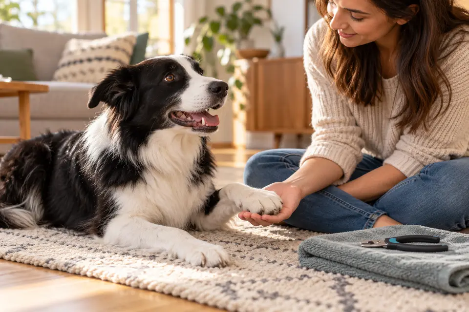 AI-generated editorial scene: A relaxed black-and-white dog voluntarily rests one front paw in an owner's open hand. Not a tested product or patient case.