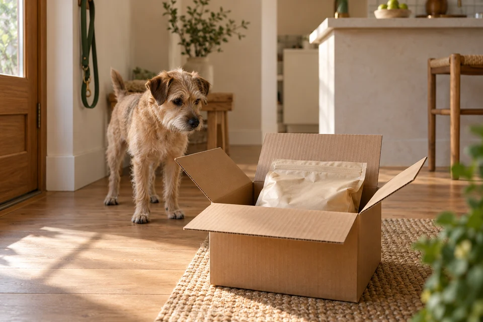 AI-generated editorial scene: A terrier stands beside a delivery box containing a sealed plain food bag in a warm entryway. Not a tested product or patient case.