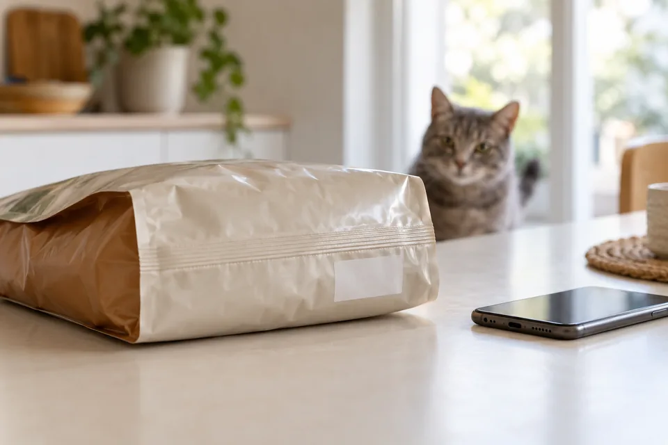 AI-generated editorial scene: The rear seam of a plain pet-food bag beside a phone, with a gray cat in the background. Not a tested product or patient case.