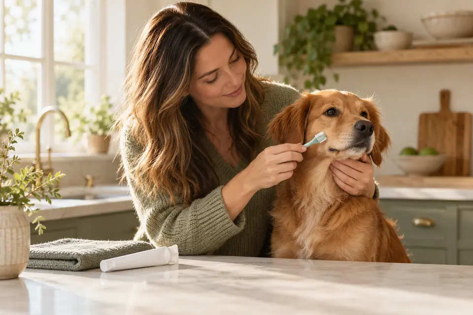 AI-generated editorial scene: A calm golden-brown dog beside an owner introducing a soft pet toothbrush in a warm kitchen. Not a tested product or patient case.