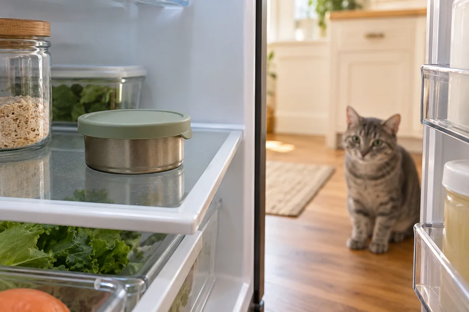 AI-generated editorial scene: A covered plain food can on a refrigerator shelf, with a tabby cat waiting on the kitchen floor outside. Not a tested product or patient case.