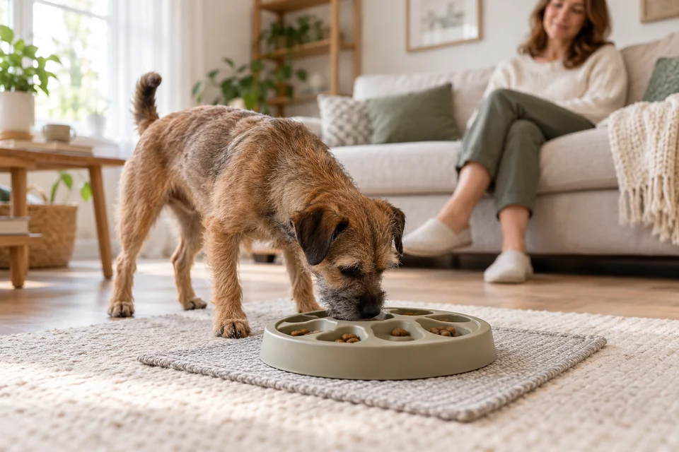 AI-generated editorial scene: a brown terrier investigates an open food puzzle while an adult observes from a sofa. Not a tested product or patient case.