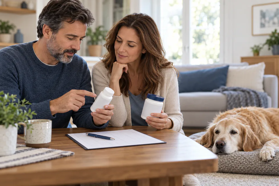 AI-generated editorial scene: Two caregivers compare original blank-labeled veterinary containers and an administration log beside a senior dog. Not a tested product or patient case.