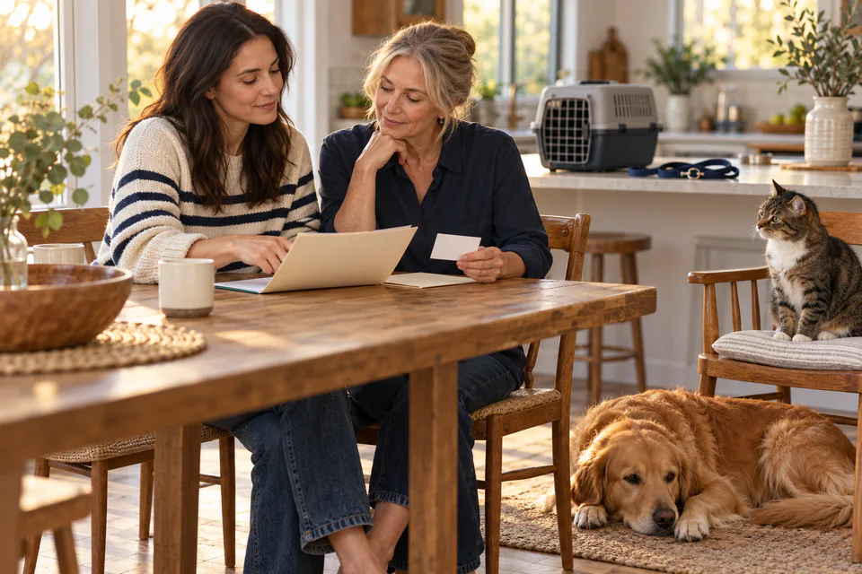 AI-generated editorial scene: An owner and trusted caregiver review a plain pet-care folder while a dog and cat rest nearby. Not a tested product or patient case.