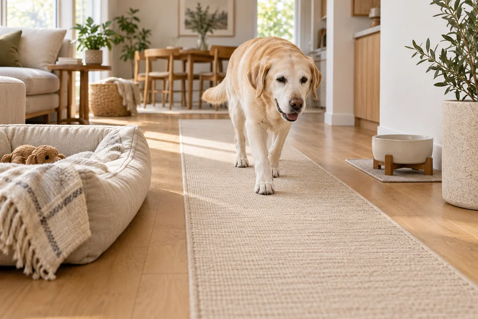 AI-generated editorial scene: an older cream Labrador walks along a flat runner between a low bed and a water area. Not a tested product or patient case.