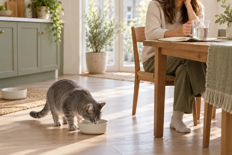 AI-generated editorial scene: A gray cat drinking from a clean bowl while an owner keeps a measuring jug and notebook nearby. Not a tested product or patient case.