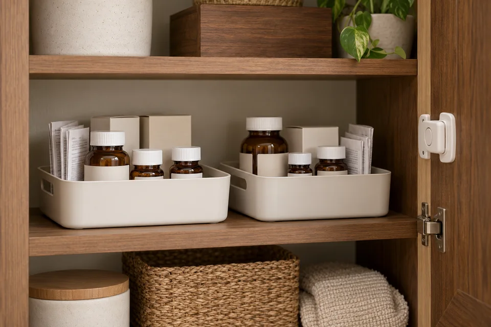 AI-generated editorial scene: Capped medicine containers in two separate trays inside a home cupboard. Not a tested product or patient case.