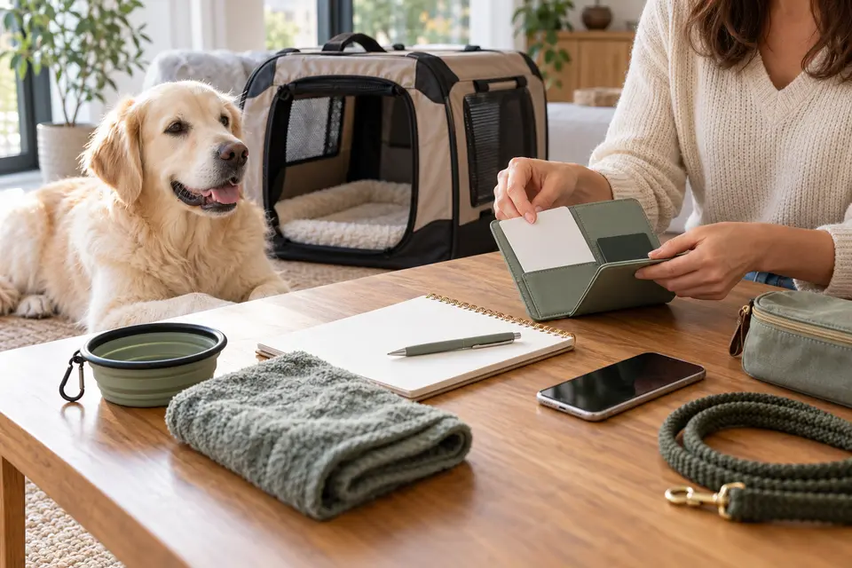AI-generated editorial scene: A cream dog beside an open carrier while an owner organizes a blank travel folder. Not a tested product or patient case.