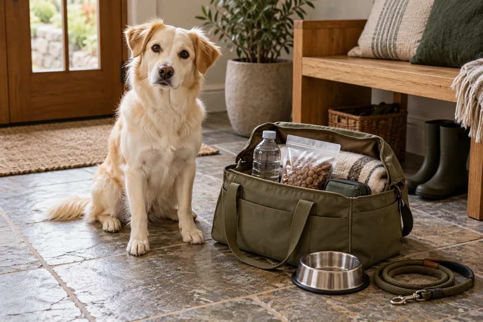 AI-generated editorial scene: A cream-colored dog beside an olive tote with food and water supplies, a bowl and a leash. Not a tested product or patient case.