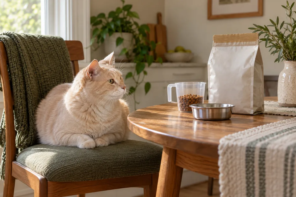 AI-generated editorial scene: A cream cat on a chair beside a plain food bag, measuring cup and bowl on a table. Not a tested product or patient case.