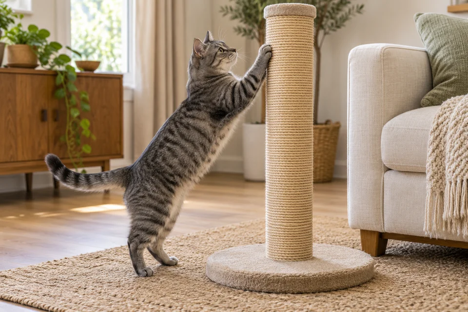 AI-generated editorial scene: a gray tabby stretches against a tall sisal post with a broad base beside a sofa. Not a tested product or patient case.