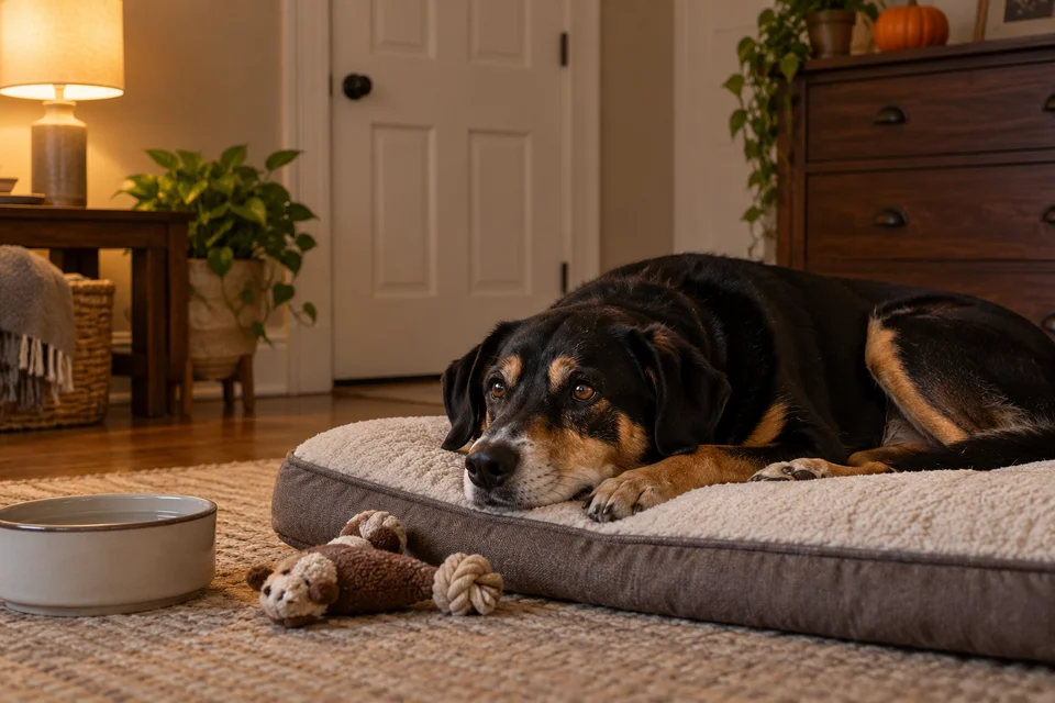 AI-generated editorial scene: a black-and-tan dog rests in a quiet room with a closed door, water and a familiar toy. Not a tested product or patient case.
