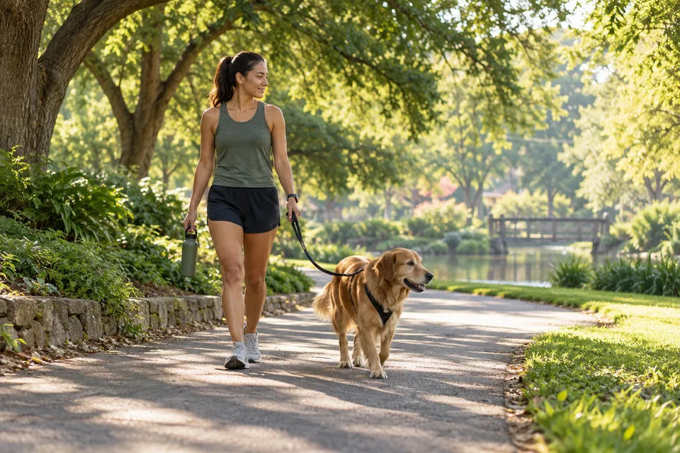 AI-generated editorial scene: A dog and owner pause in deep shade beside water before a short early-morning walk. Not a tested product or patient case.