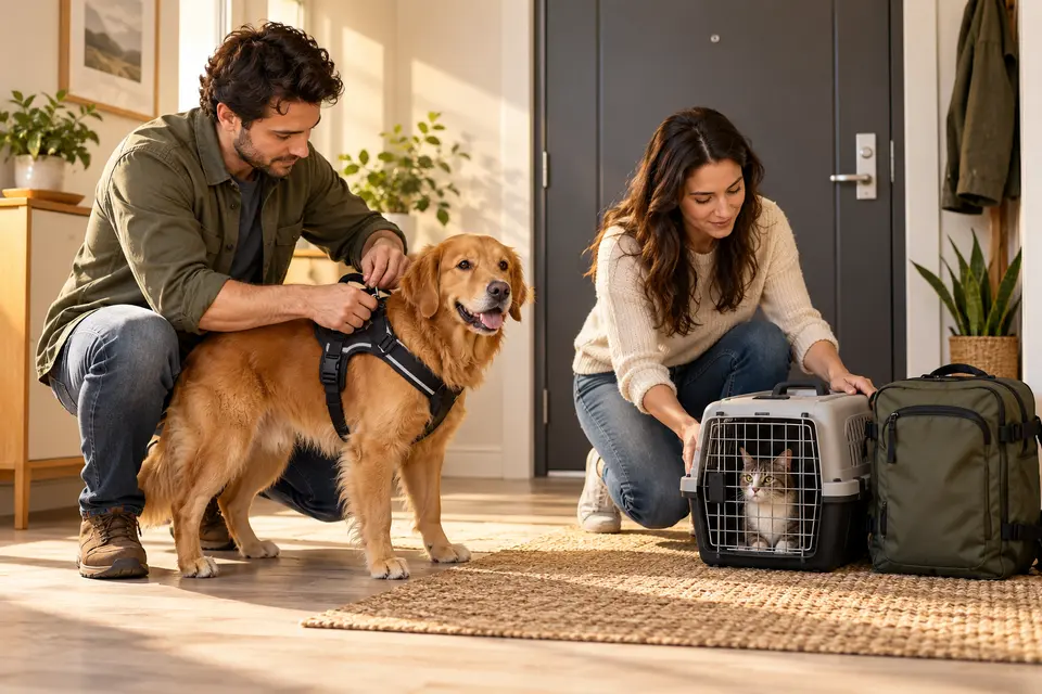 AI-generated editorial scene: A household practices a calm doorway handoff with a secured dog and pet go-bag. Not a tested product or patient case.