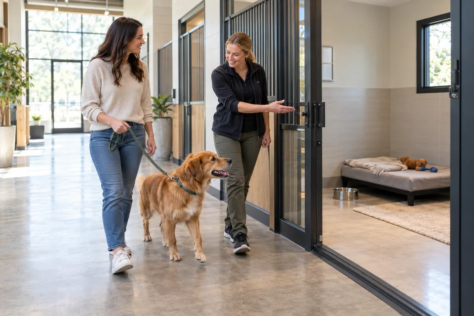AI-generated editorial scene: An owner organizes a carrier, measured meal packs and a blank care folder beside a calm dog. Not a tested product or patient case.