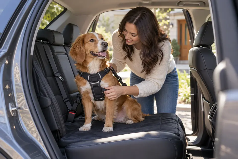 AI-generated editorial scene: A dog rests secured in the rear seat while its owner checks the setup before departure. Not a tested product or patient case.