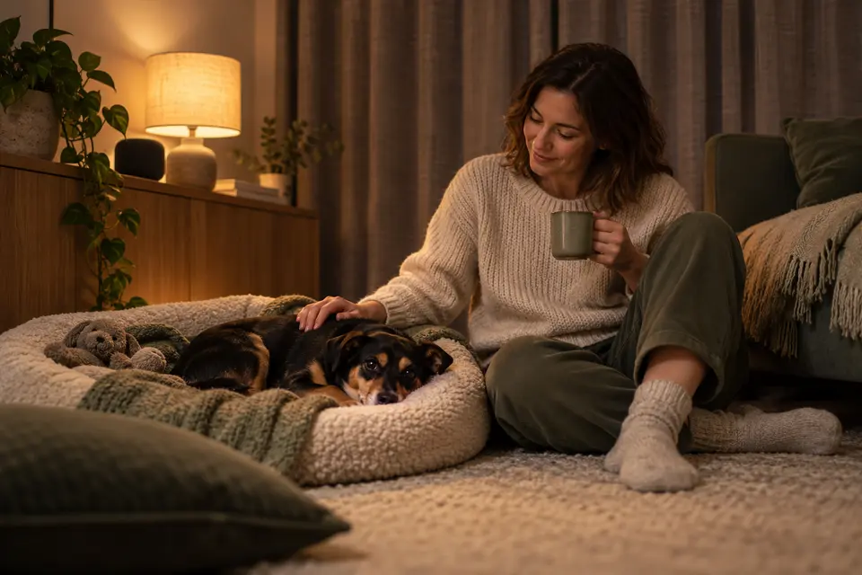 AI-generated editorial scene: A small black-and-tan dog resting in a softly lit interior room beside its calm owner. Not a tested product or patient case.