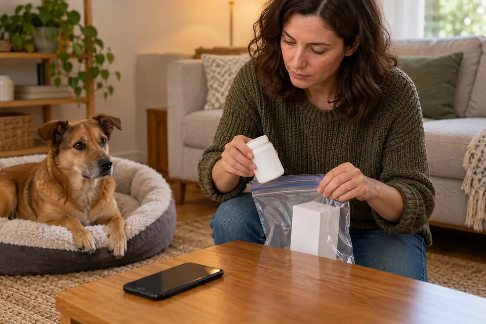 AI-generated editorial scene: An owner gathers a plain closed package and phone while a dog remains safely apart. Not a tested product or patient case.