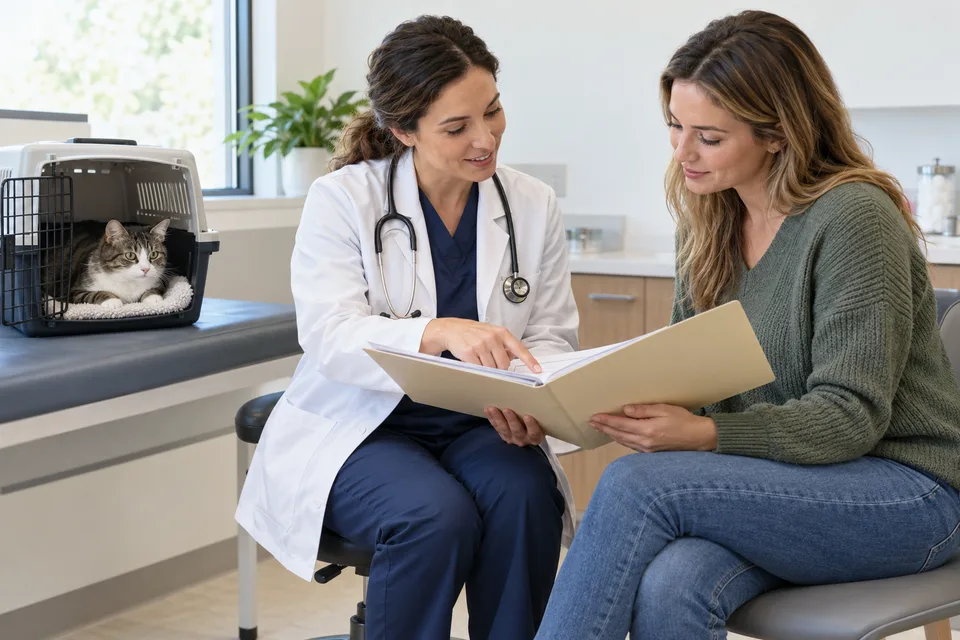 AI-generated editorial scene: An owner sorts a plain veterinary record folder and medication containers beside a calm cat. Not a tested product or patient case.