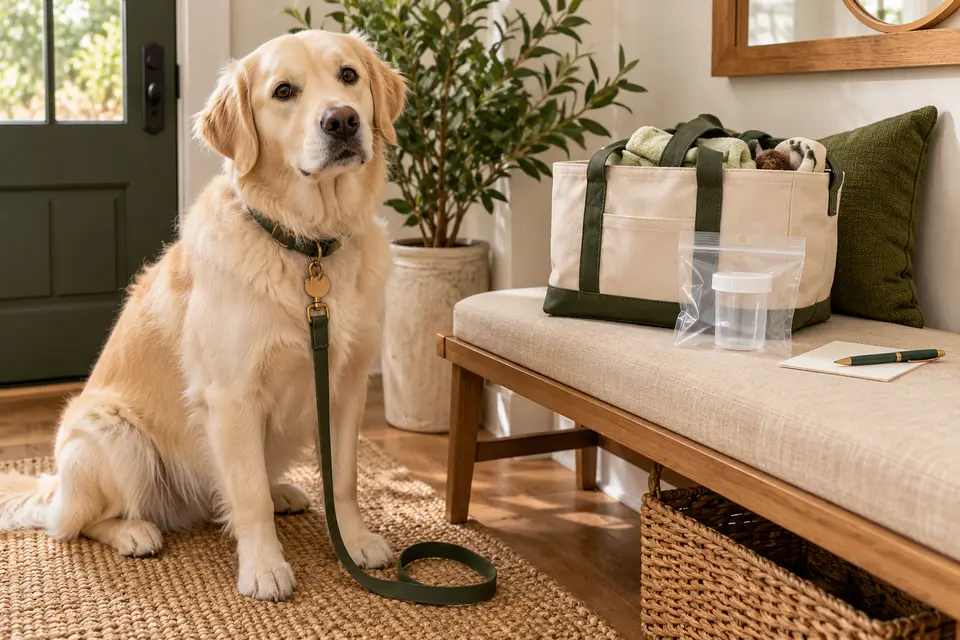 AI-generated editorial scene: A cream dog beside a visit tote and an empty clean specimen cup sealed inside a transport bag. Not a tested product or patient case.