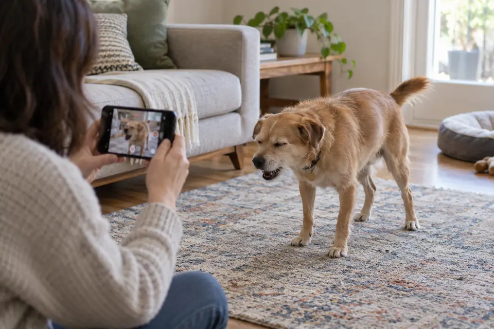 AI-generated editorial scene: An owner records a resting dog's spontaneous cough from a respectful distance. Not a tested product or patient case.