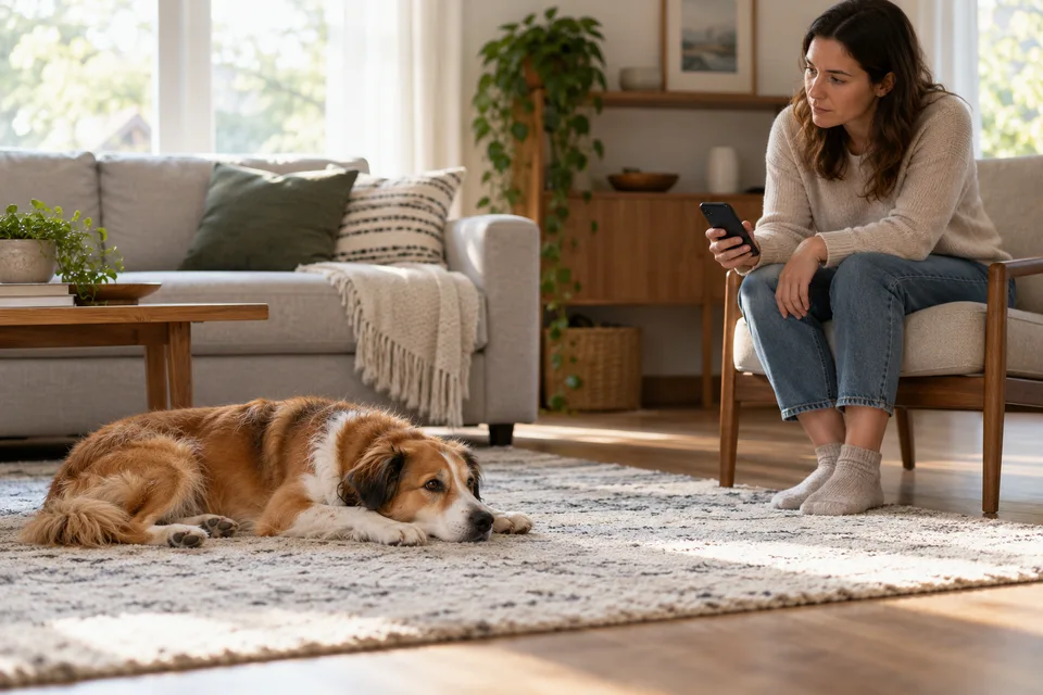 AI-generated editorial scene: A concerned owner times a resting dog's recovery from a respectful distance in a calm uncluttered room. Not a tested product or patient case.