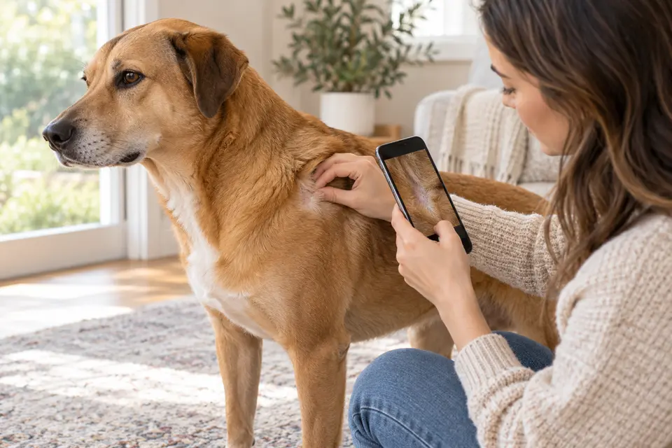 AI-generated editorial scene: An owner calmly photographs a small area of a tan dog's shoulder coat in natural window light. Not a tested product or patient case.