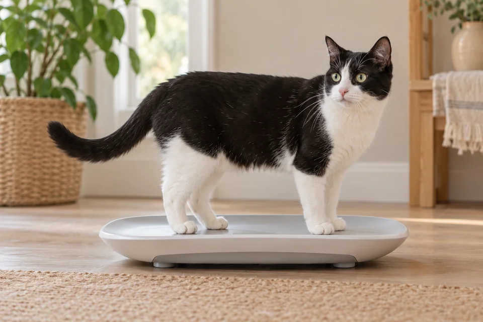 AI-generated editorial scene: a black-and-white cat stands naturally on a low broad pet scale with no readable result. Not a tested product or patient case.
