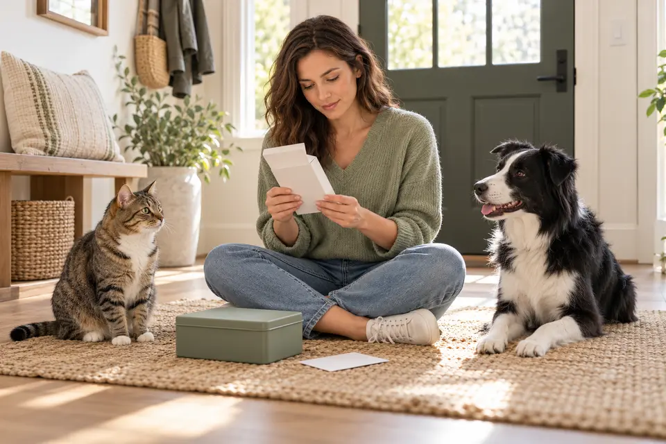AI-generated editorial scene: An owner reads a plain pet-care package while a cat and dog wait nearby in a bright entryway. Not a tested product or patient case.
