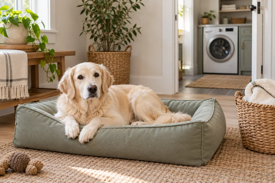 AI-generated editorial scene: A cream dog resting on a sage bed beside a basket with spare bedding and a laundry doorway. Not a tested product or patient case.