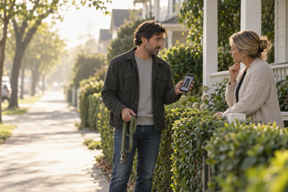 AI-generated editorial scene: A pet owner calmly shows a recent phone photo to a neighbor while searching with an empty leash. Not a tested product or patient case.