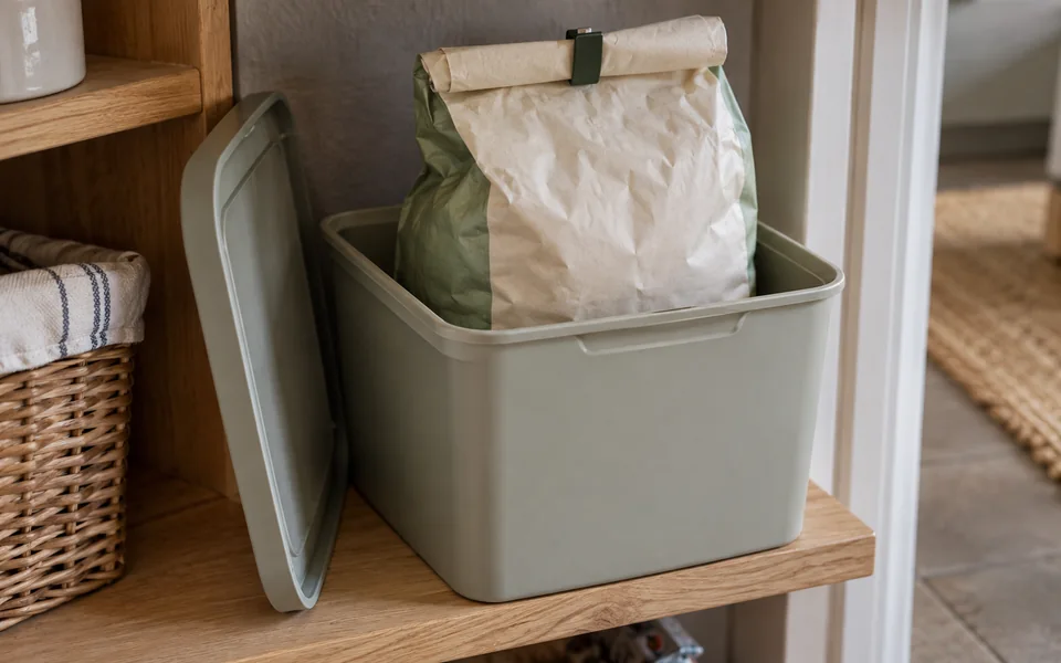 Illustrative bag stored inside an open container on a kitchen shelf.