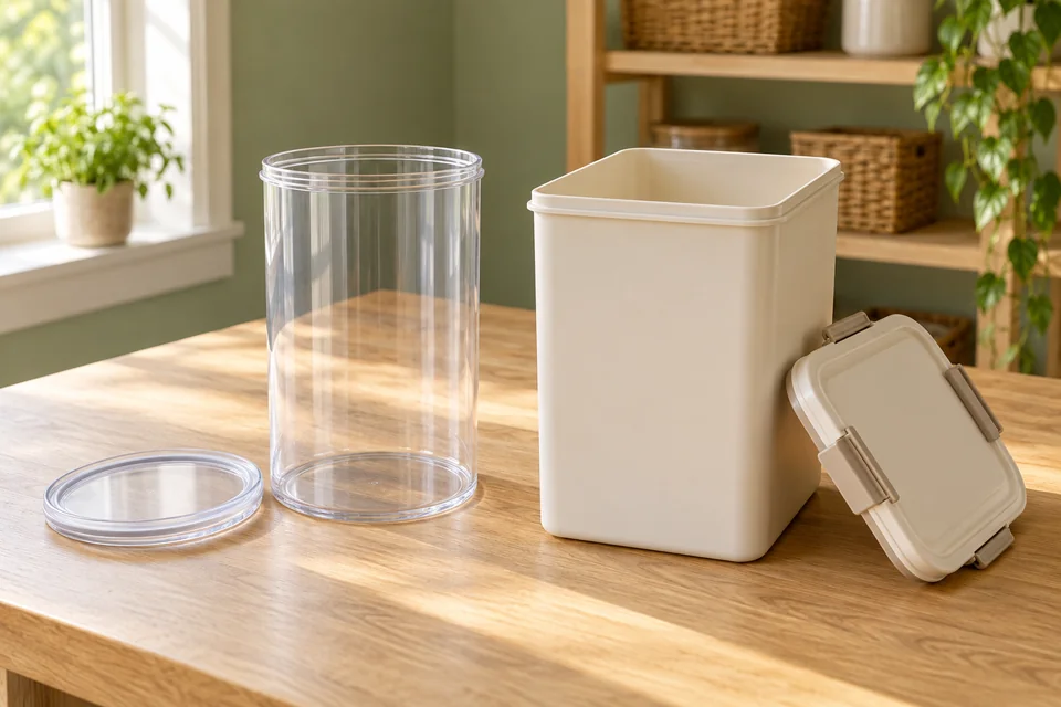 AI-generated editorial scene: Two empty food-storage containers with different shapes and their removable lids beside them on a wooden table. Not a tested product or patient case.
