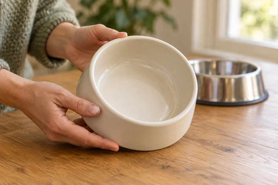 AI-generated editorial scene: Hands tilting a cream ceramic pet bowl to show its smooth rounded interior, with a steel bowl softly blurred behind it. Not a tested product or patient case.