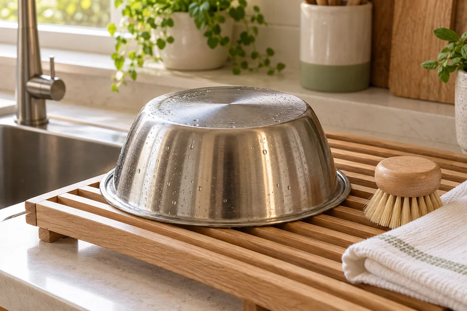 AI-generated editorial scene: A freshly washed stainless steel pet bowl upside down on a wooden drying rack beside a sink, cloth and dishbrush. Not a tested product or patient case.