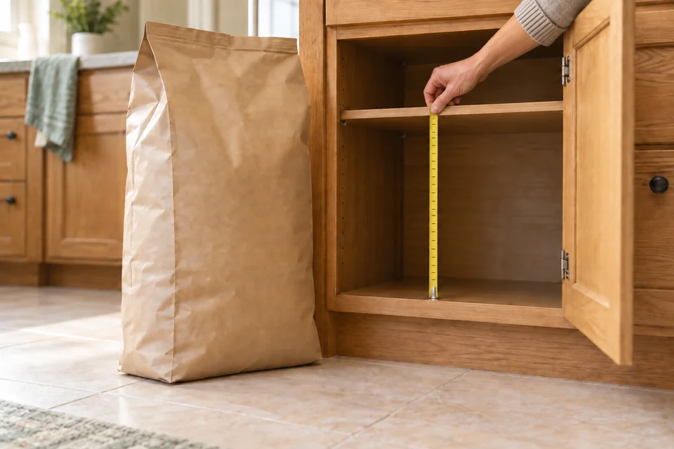 AI-generated editorial scene: A large plain pet-food bag beside a cabinet while a hand checks the available shelf height with a measuring tape. Not a tested product or patient case.