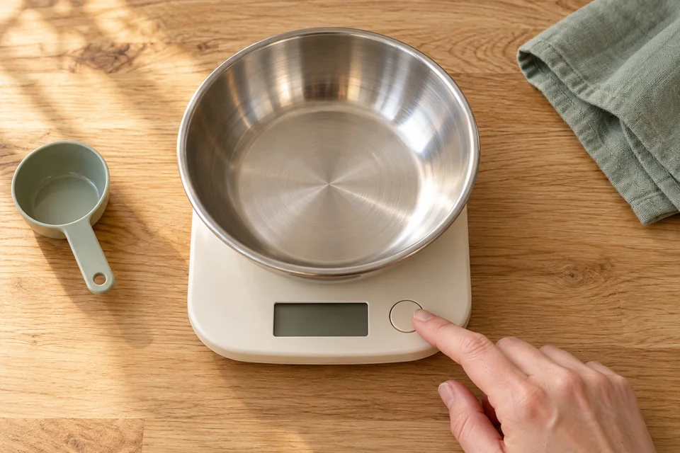 AI-generated editorial scene: An empty steel bowl rests on a kitchen scale as a hand reaches its plain control button, with an empty scoop nearby. Not a tested product or patient case.