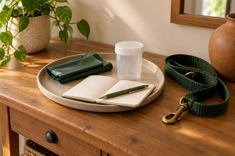 AI-generated editorial scene: An empty closed specimen container, waste bags, a notebook and a green leash arranged on an entryway desk. Not a tested product or patient case.
