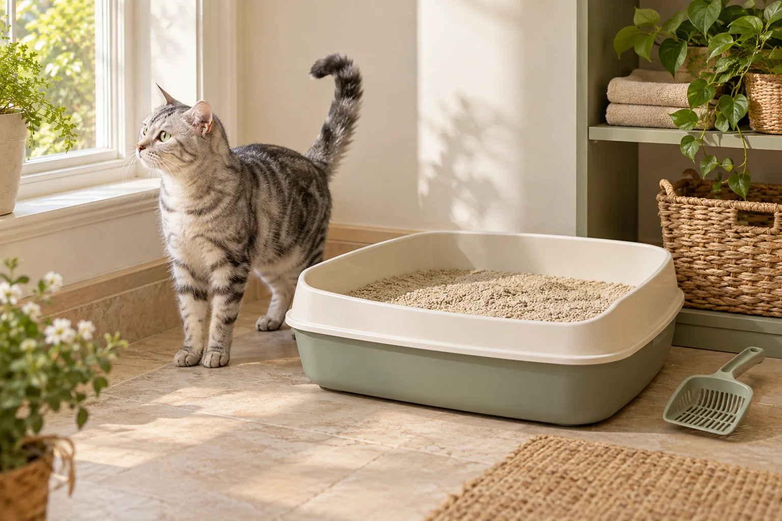 AI-generated editorial scene: a tabby cat beside a litter tray in a sunlit room. Not a patient case.