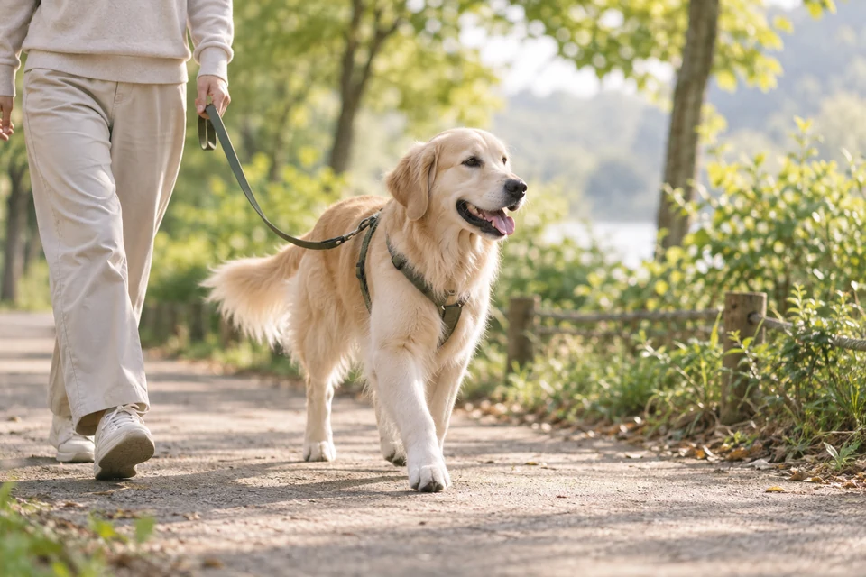 AI-generated editorial scene: A dog on a walk. Not a tested product or patient case.